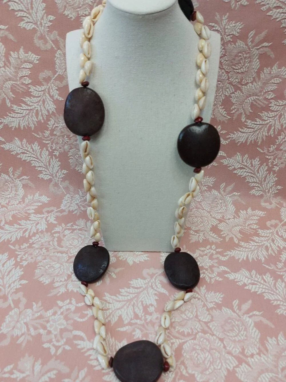 Vintage Hawaiian-Style Cowrie Shell Necklace with Large Dark Wood Seed Beads - Picture 2 of 6